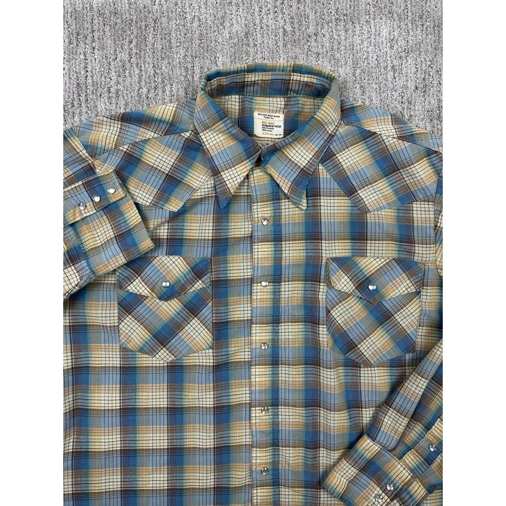 VINTAGE 70s Big Mac Shirt mens Large Plaid Western Pearl Snap JCPenney